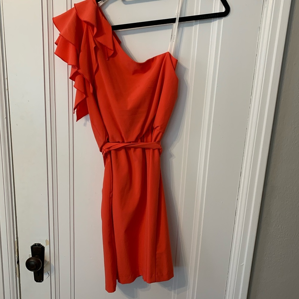 Coral one shoulder ruffle dress